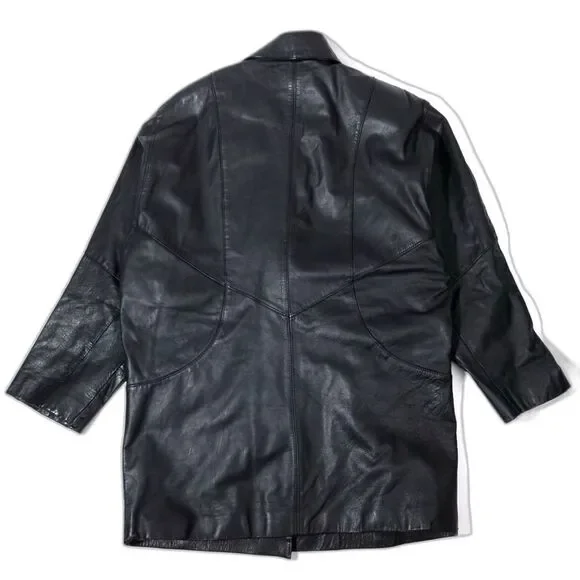 VINTAGE Black 100% Leather Western Cowboy Button Down Rancher Coat Jacket Small - Picture 7 of 9